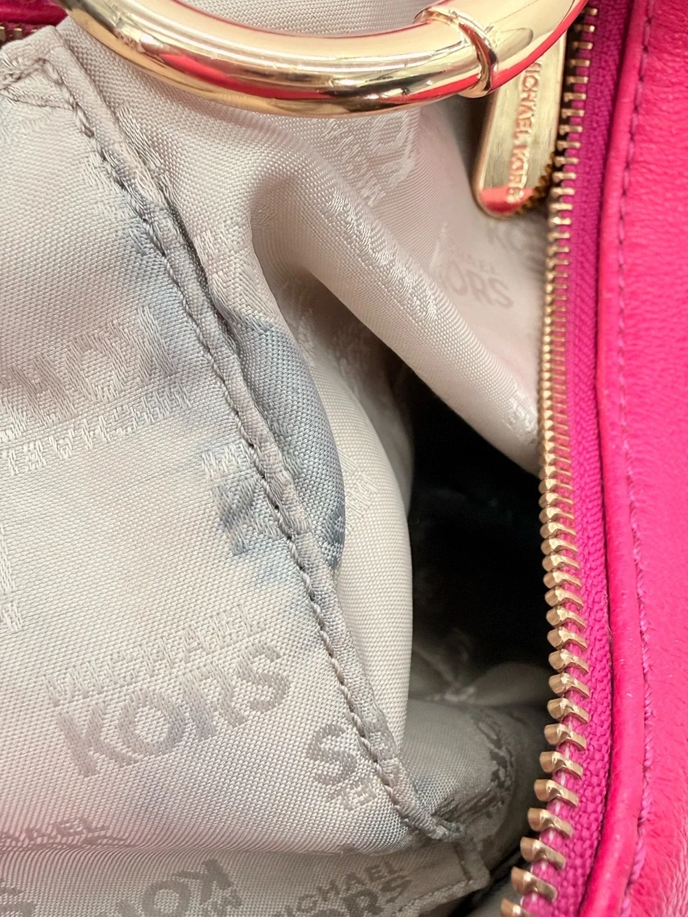 MICHAEL KORS Hot Pink Leather Hobo Shoulder Bag Gold MK Logo